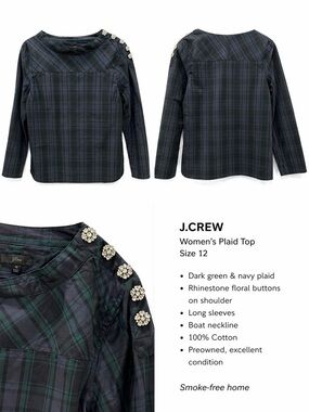 J.Crew Plaid Top w/ Rhinestone Buttons | Size 12 | Green & Navy